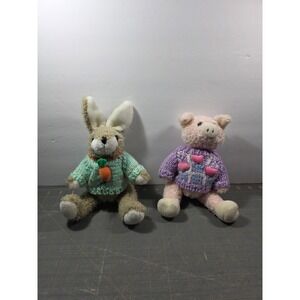 Hugfun Plush Bunny Pig Set Multi Color Knit Sweaters Vintage 1999 8-9"